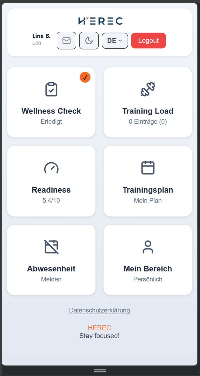 HEREC Athletinnen-App mit Wellness Check, Readiness und Trainingsplan